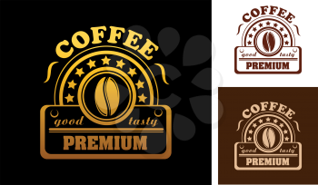 Premium Coffee label or badge with a coffee bean in a round frame surrounded with stars and text in three colour variants, vector illustration