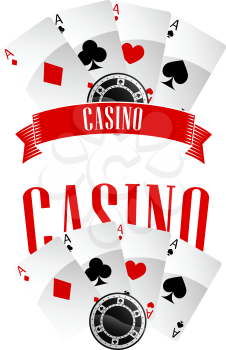 Casino vector signs or emblems showing the four aces on playing cards with text Casino and gambling chips, vector illustration on white