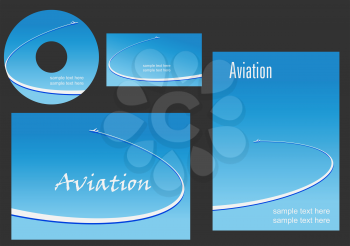 Template elements for Aviation design with a contrail and jet curving against a graduated blue sky on stationery items and a CD disk