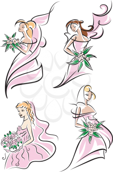 Beautufil brides holding bridal bouquets wearing elegant pink veil, vector sketch,  illustration on white