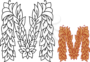 Capital letter M in an organic leaf design with a single flower for eco or bio themed concepts in a black and white vector outline and brown variant