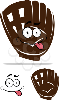 Cute cartoon baseball glove with a cheesy grin sticking out its tongue, second plain variant with separate face element, vector illustration on white
