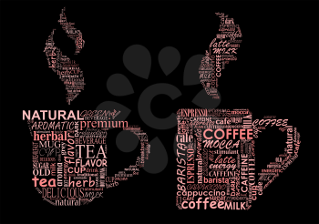Cups of hot steaming coffee and tea formed from text clouds with assorted words pertaining to each beverage over a dark background