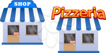 Cartoon store and pizzeria icons with blue and white stripes awnings, one with a sign saying Shop and the other Pizzeria, vector illustration on white