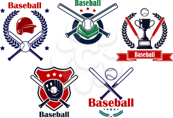 Colored Baseball emblems or badges with various designs of crossed bates with a helmet, glove, ball and trophy with wreaths or shields and text Baseball