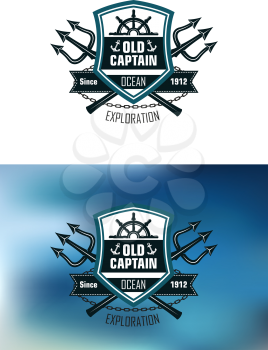 Nautical badges for Ocean Exploration with the text Old Captain inside a shield with a ships wheel over crossed tridents with  Exploration  below on a white and a blue background
