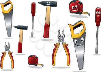 Set of DIY cartoon tools with a tape, pliers, hammer, saw and screwdriver with smiling faces, vector illustration isolated on white