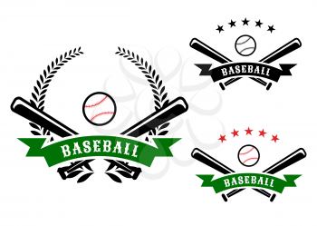 Baseball emblems or badges with crossed bats and a ball behind a ribbon banner containing the word Baseball on with a laurel wreath