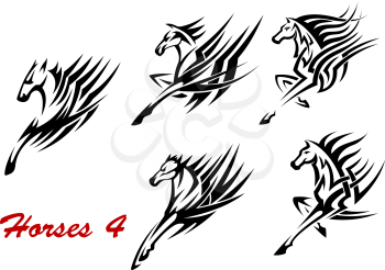 Black and white galloping horses icons or tattoos with flowing stylized manes, side view of front legs and head