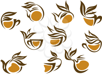 Organic herbal tea icons in brown and white vector doodle sketches of cup and pots of beverage entwined with fresh leaves