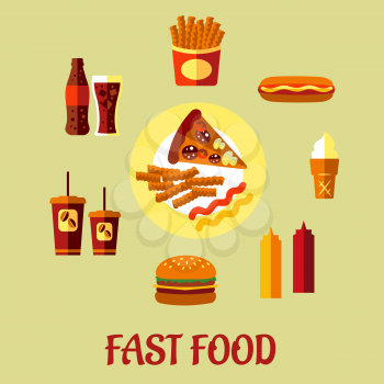 Fast Food poster with a central plate of pizza and French fries surrounded by a cheeseburger, coffee, soda, potato chips, hot dog, ice cream cone and condiments, vector cartoon, illustration