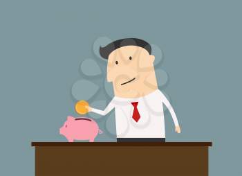 Businessman saving money in piggy bank, conceptual cartoon vector illustration