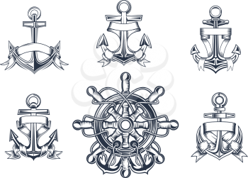 Vintage marine and nautical icons with ships anchors with blank entwined ribbon banners and a ships wheel with anchors