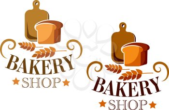 Bakery Shop sign or label with a loaf of bread and a cutting board over ears of wheat and the text Bakery Shop, vector illustration isolated on white