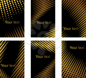 Business cards set  with copyspace of golden dots of varying sizes arranged to show diminishing perspective on a black background, vector templates