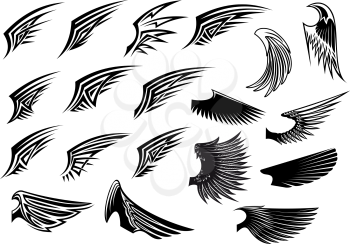 Black and white vector stylized heraldic bird wings showing only a single wing with feather detail