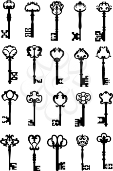 Set of black silhouette vector antique keys in various ornate shapes on white, isolated on white background