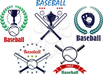 Baseball sporting emblems and symbols with cup, laurel wreath, crossed bats and ball for sports design