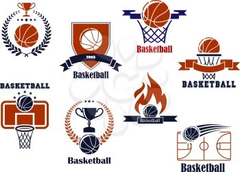 Basketball tournament and emblem designs with wreath, ball,
