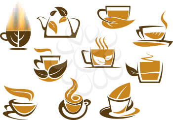Herbal tea symbols and emblems with brown leaves and steam for beverage design