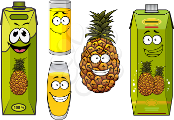 Pineapple fruit and juices in cartoon style. For beverage and character design