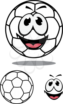 Happy soccer or football ball character with a plain white hexagonal pattern and smiling face and a second plain variation, cartoon vector illustration