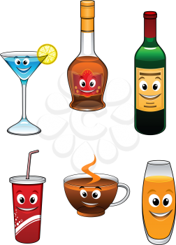 Drinks and beverage cartoon characters with  martini, coffee, liqueur, winel, takeaway coffee, tea, and glass of orange juice, vector illustration on white