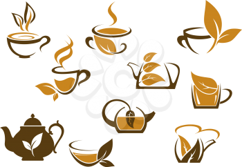 Set of organic and herbal tea icons with brown and white vector doodle sketches of hot steaming cups and teapots with fresh leaves