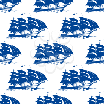 Seamless pattern of a fully rigged sailing ship with blue sails in side view for marine or nautical concepts