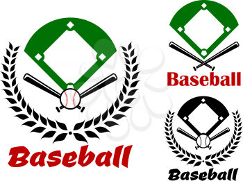 Baseball heraldic emblems or badges with an overview of the pitch and crossed bats in a laurel wreath and one without the wreath