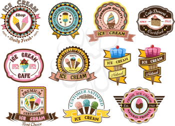 Colorful ice cream emblems, labels or badges set decorated with ice cream cones, cake, sundaes and iced frozen lollies with assorted text, vector illustration
