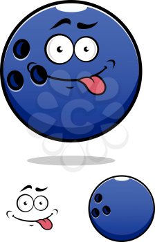 Colorful blue cartoon bowling ball with a happy smiling mad protruding tongue and a second with no face, vector illustration