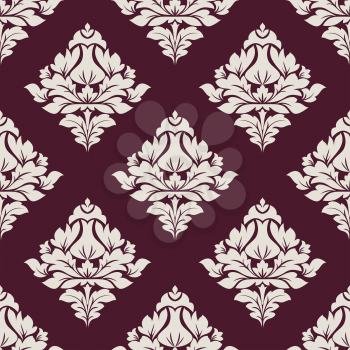 Vintage damask seamless pattern with white flowers on maroon background