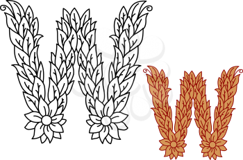 Uppercase letter W in a foliate font with leaves and a flower for bio or organic themed concepts, vector illustration
