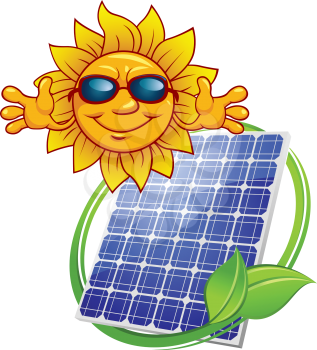 Colored Solar energy panel with cartoon sun and green frame for environment concept design