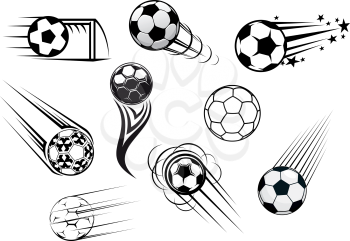 Flying soccer and football balls with motions trails for sports club or tournament logo design