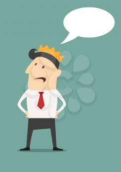 Cartooned businessman with golden crown and speech bubble. flat vector illustration