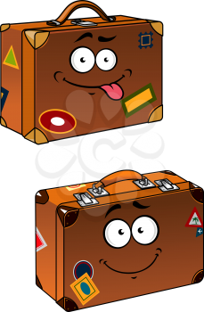 Cartoon brown travel briefcases with smiling face and stickers for tourism industry design