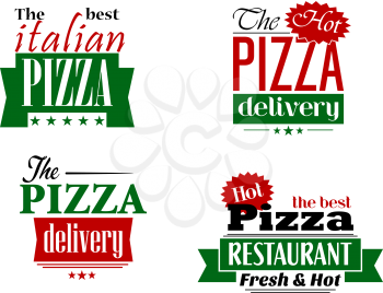 Hot best pizza labels and banners set for italian pizza restaurant design, delivering service in green and red colors on white background