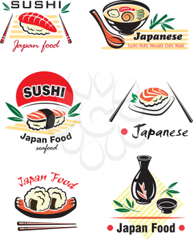 Japanese seafood set with sushi, rolls, sake, nigiri, fish, rice, soup, sauce, chopsticks on white background for restaurant menu design