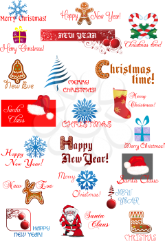 Traditional Christmas and New Year holiday designs with gingerbread, snowflakes, Santa Claus, hats and gifts