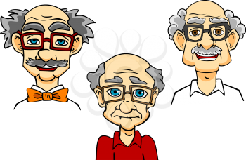 Portraits of joyful bald mustached cartooned seniors with glasses and bow tie isolated on white background