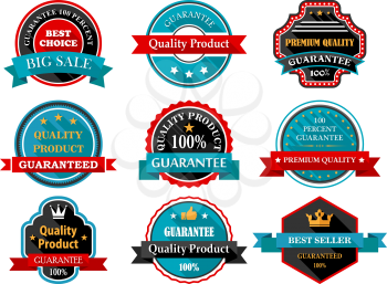 Quality, guarantee, bestseller, best choice flat labels set for retail and sales design in retro style with ribbon banners and stars in frames