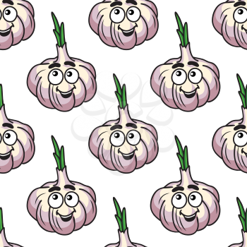 Funny garlic with green sprouts seamless pattern in cartoon style with toothy for packing, menu or food market design