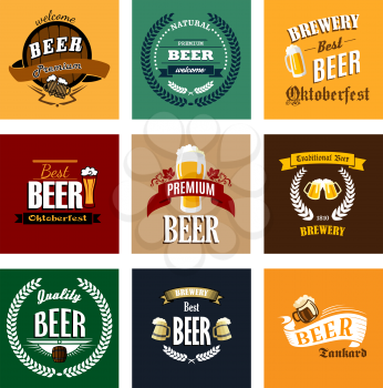 Premium, traditional, quality, best, natural beer and brewery banners and emblems in retro style with wooden kegs, big mugs, laurel wreaths and barley on vintage colors background