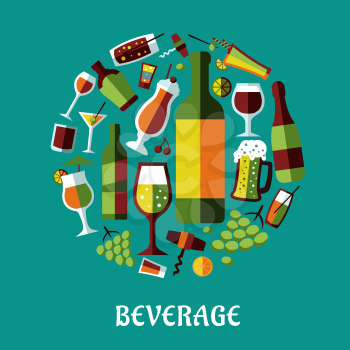 Flat design poster with  beverages, alcohol drinks, fruits, glasses and corkscrews in a circle on turquoise background for cafe and restaurant menu design