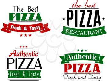 Pizza restaurant and cafe emblems or logo with stars and ribbon banners, texts The Best, Authentic, Fresh and Tasty, Restaurant on white background 