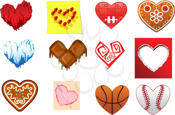 Colourful heart shapes set with ice, sports, turned paper, gingerbread, puzzle, chocolate and fire elements
