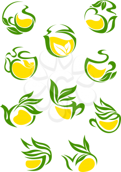 Herbal or green tea and yellow lemon icons with green stems and leaves decorated as cups and teapots for tea shop and menu design