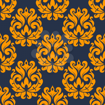 Seamless pattern in damask style of yellow flowers on dark background for fabric and textile design